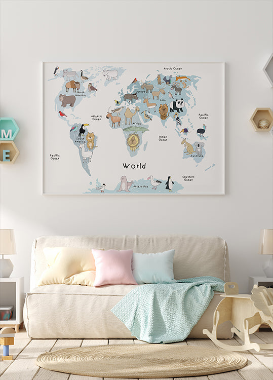 Carte illustrée du monde avec des animaux mignons Poster