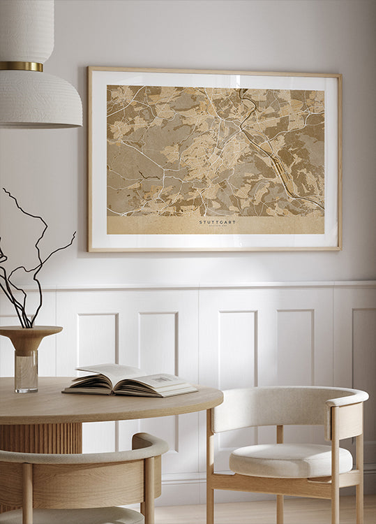 Carte vintage sépia du centre-ville de Stuttgart en Allemagne (NOUVEAU)