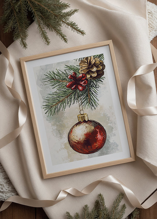 Affiche de boule de Noël à l'aquarelle sur une branche de pin 