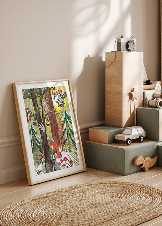 Forêt de Noël verte avec des animaux Poster