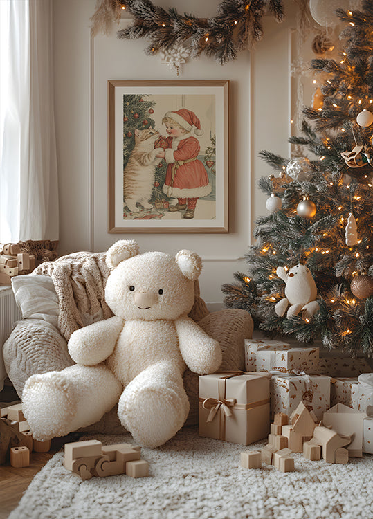 Enfant de Noël et chat Poster