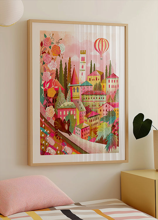 Village italien avec chat sur le mur Poster