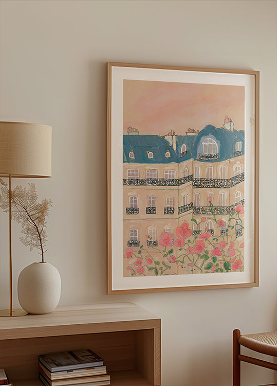 Coucher de soleil sur les bâtiments de Paris Poster
