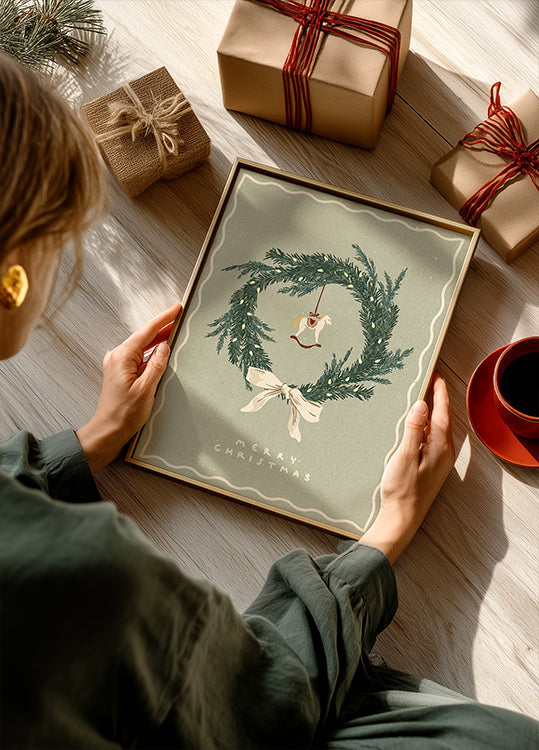 Poster Chevaux jouet sur couronne de Noël avec arc