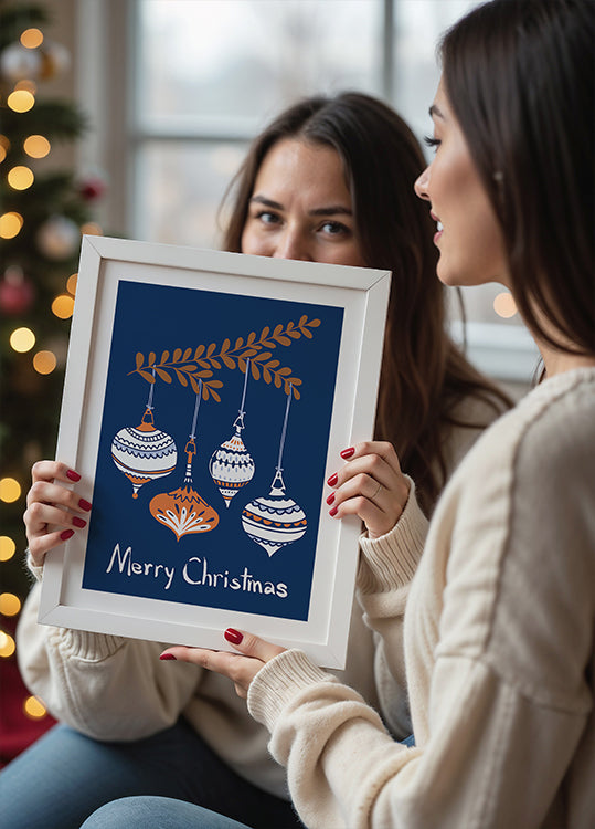 Joyeuses petites boules de Noël bleues Poster