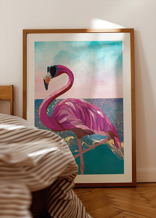 Flamingo va à la plage Poster