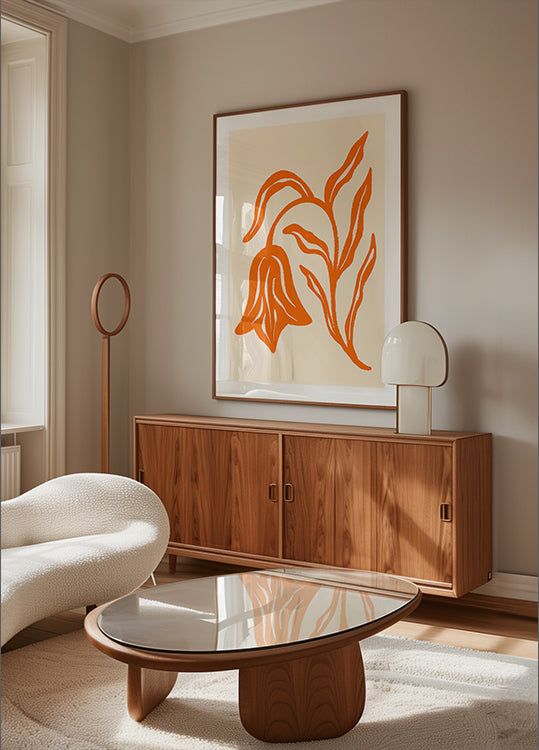 Tulipe orange stylisée et feuilles Poster