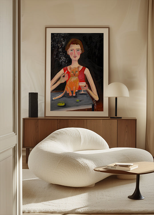 Poster Femme vintage avec cocktail et chat