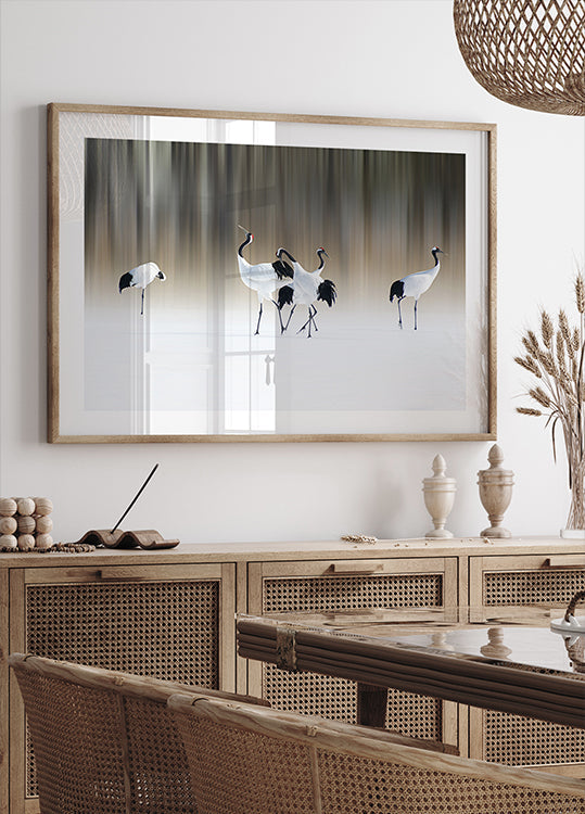 Poster Grues blanches à crête rouge