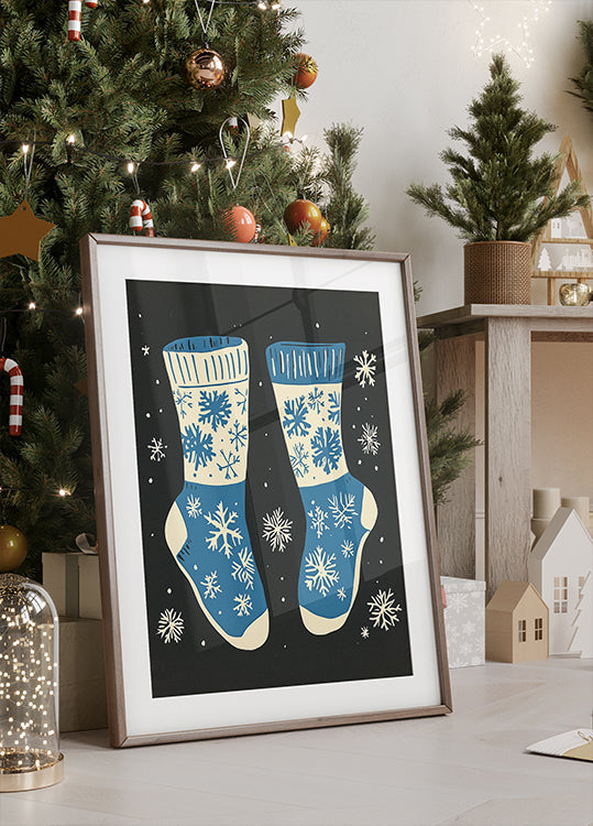 Chaussettes Vintage Tricots Bleu Sur Noir Poster