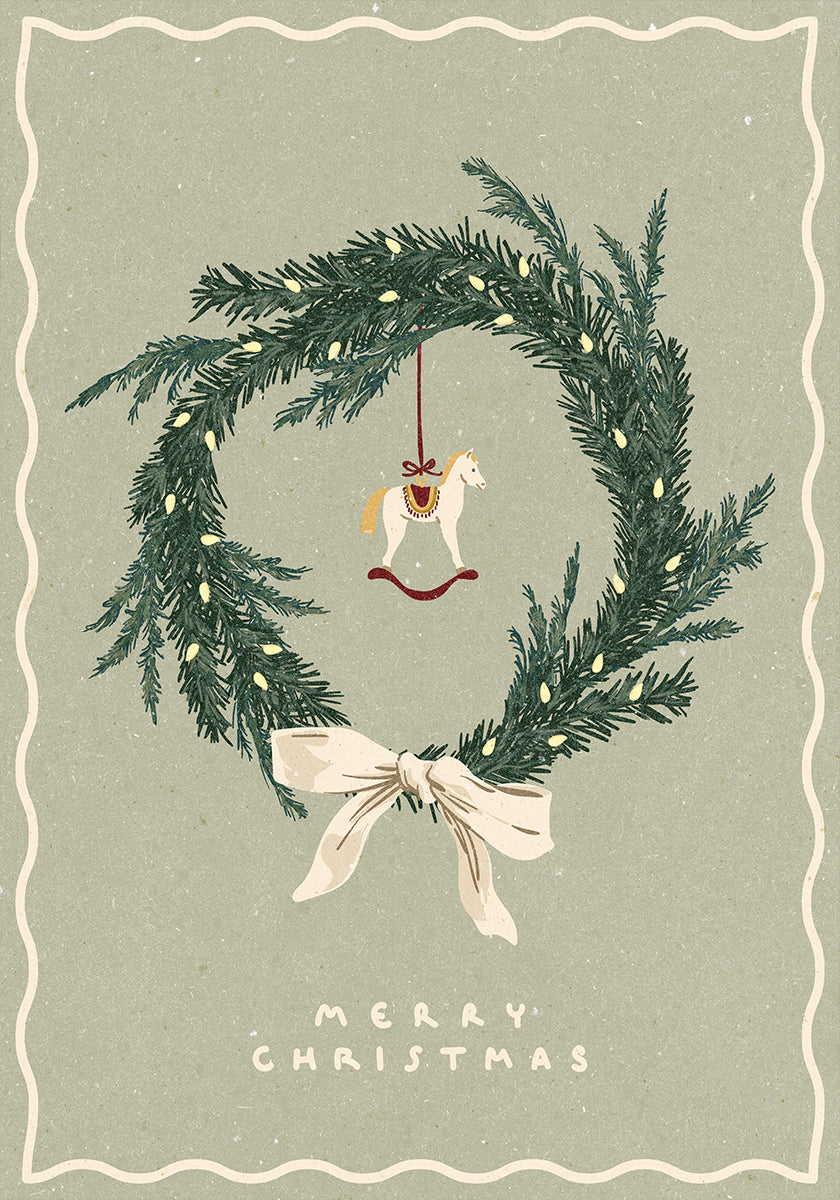 Horses toy on Christmas wreath with bow Plakat - Posterbox