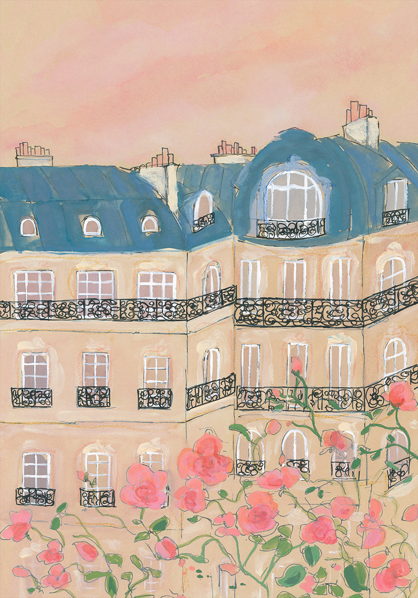 Coucher de soleil sur les bâtiments de Paris Poster