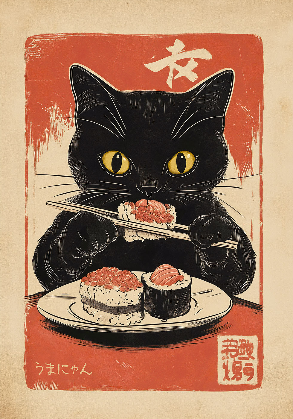 Retro Sushi Feast, Hungry Cat Artwork Plakat - Posterbox.dk