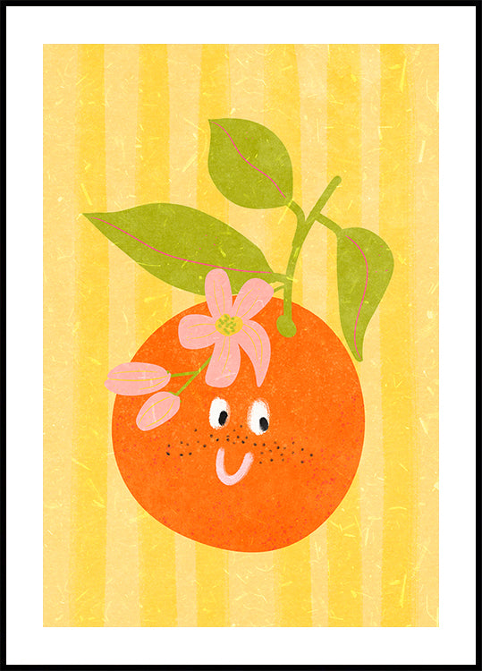 Une orange joyeuse avec une fleur sur le dessus, sur un fond rayé jaune.