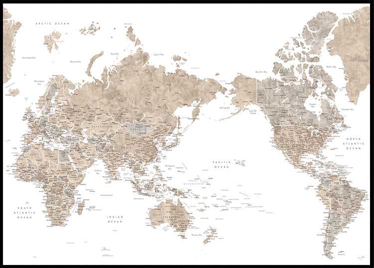 Pacific centered world map in taupe Plakat - Posterbox