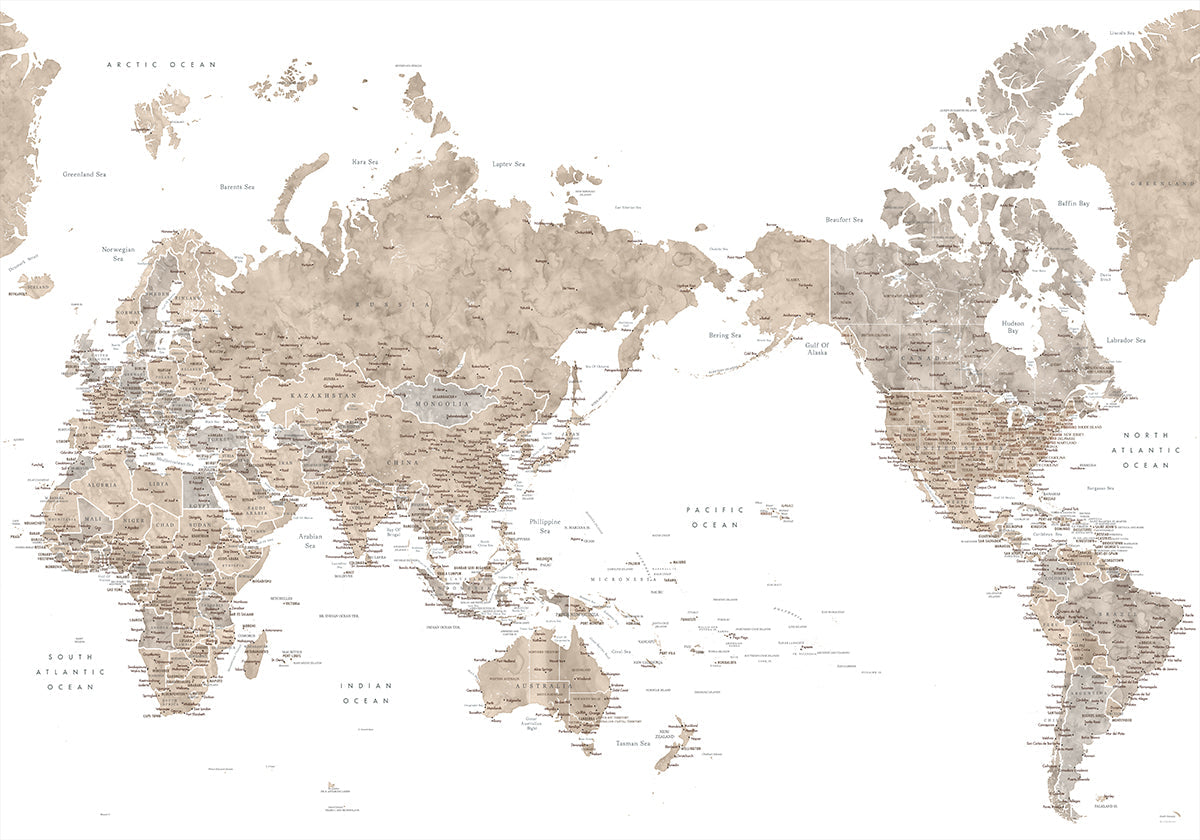 Pacific centered world map in taupe Plakat - Posterbox