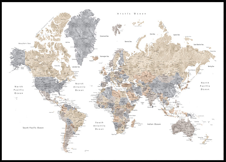 Watercolor world map with cities, Gouri Plakat - Posterbox