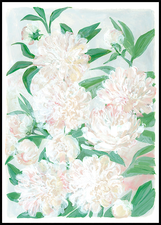 L’image est une peinture vibrante et luxuriante d’une variété de fleurs blanches et roses, notamment des pivoines, entourées de feuilles vertes.