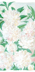 L’image est une peinture vibrante et colorée représentant une variété de fleurs blanches et roses, y compris des pivoines, sur un fond bleu clair.