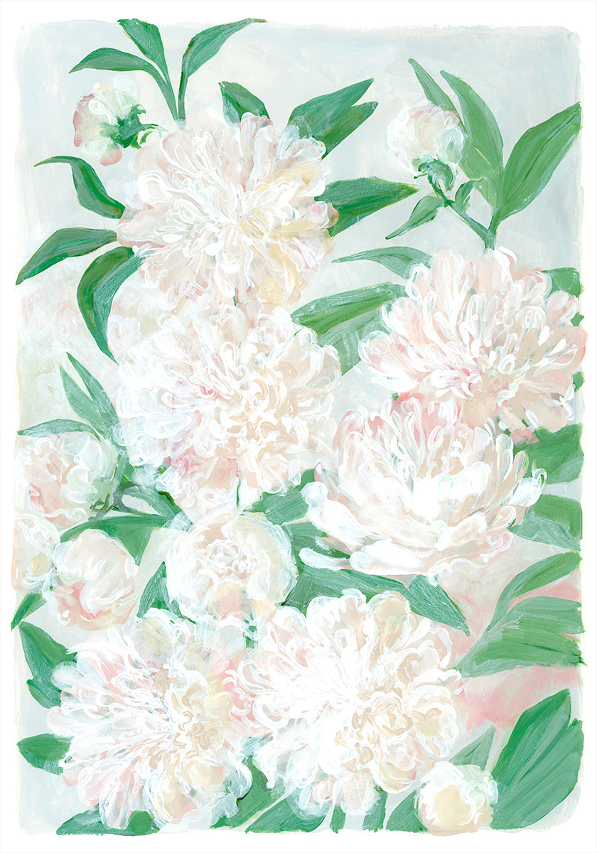 L’image est une peinture vibrante et colorée représentant une variété de fleurs blanches et roses, y compris des pivoines, sur un fond bleu clair.