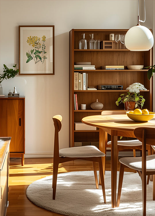 un salon cosy et bien organisé avec une étagère en bois, une table ronde en bois et une chaise en bois. La pièce dégage une atmosphère chaleureuse et accueillante, avec la lumière naturelle entrant par la fenêtre.