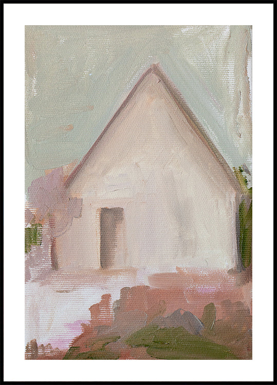 L'image est une peinture abstraite représentant une maison avec un toit triangulaire et un petit porche.