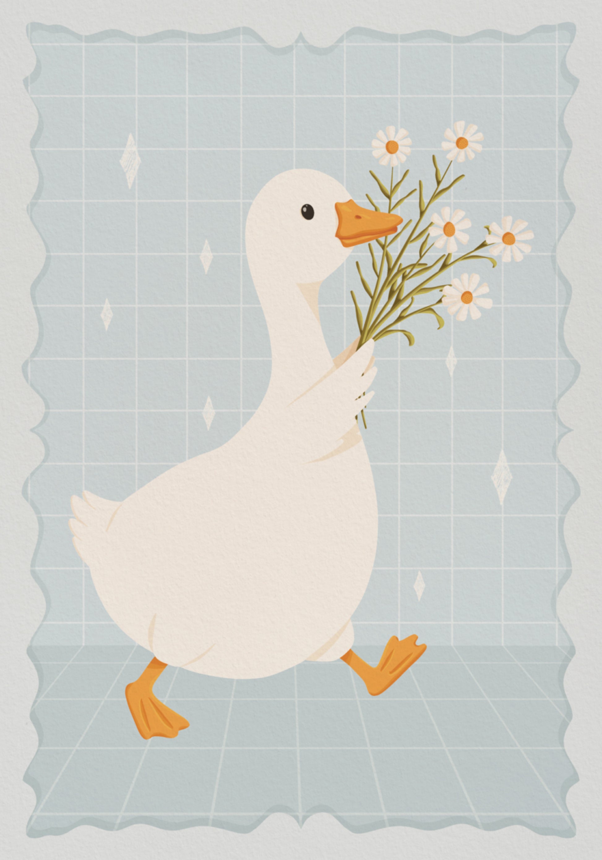 Canard mignon avec des marguerites