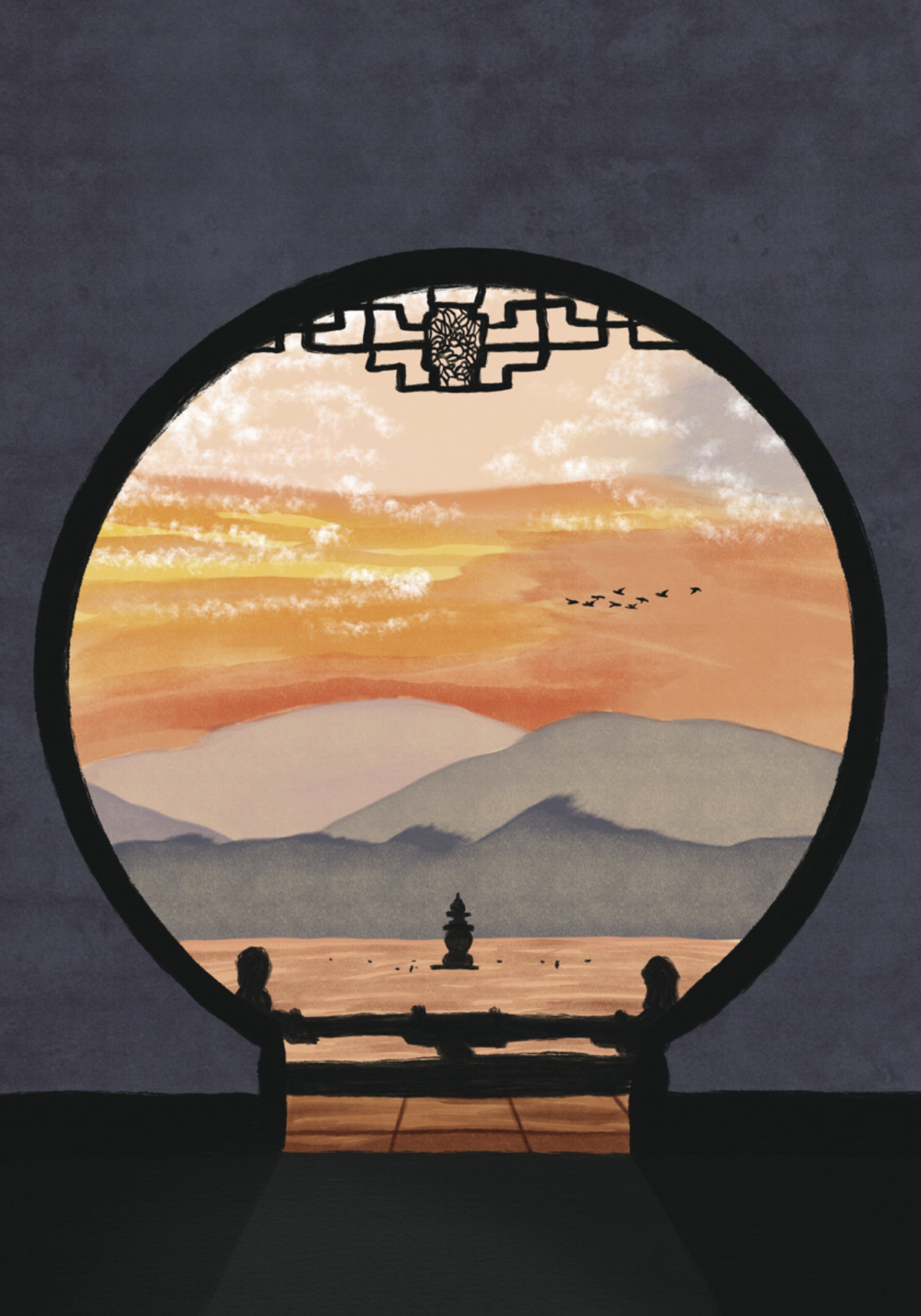 Vue du coucher de soleil sur la pagode asiatique