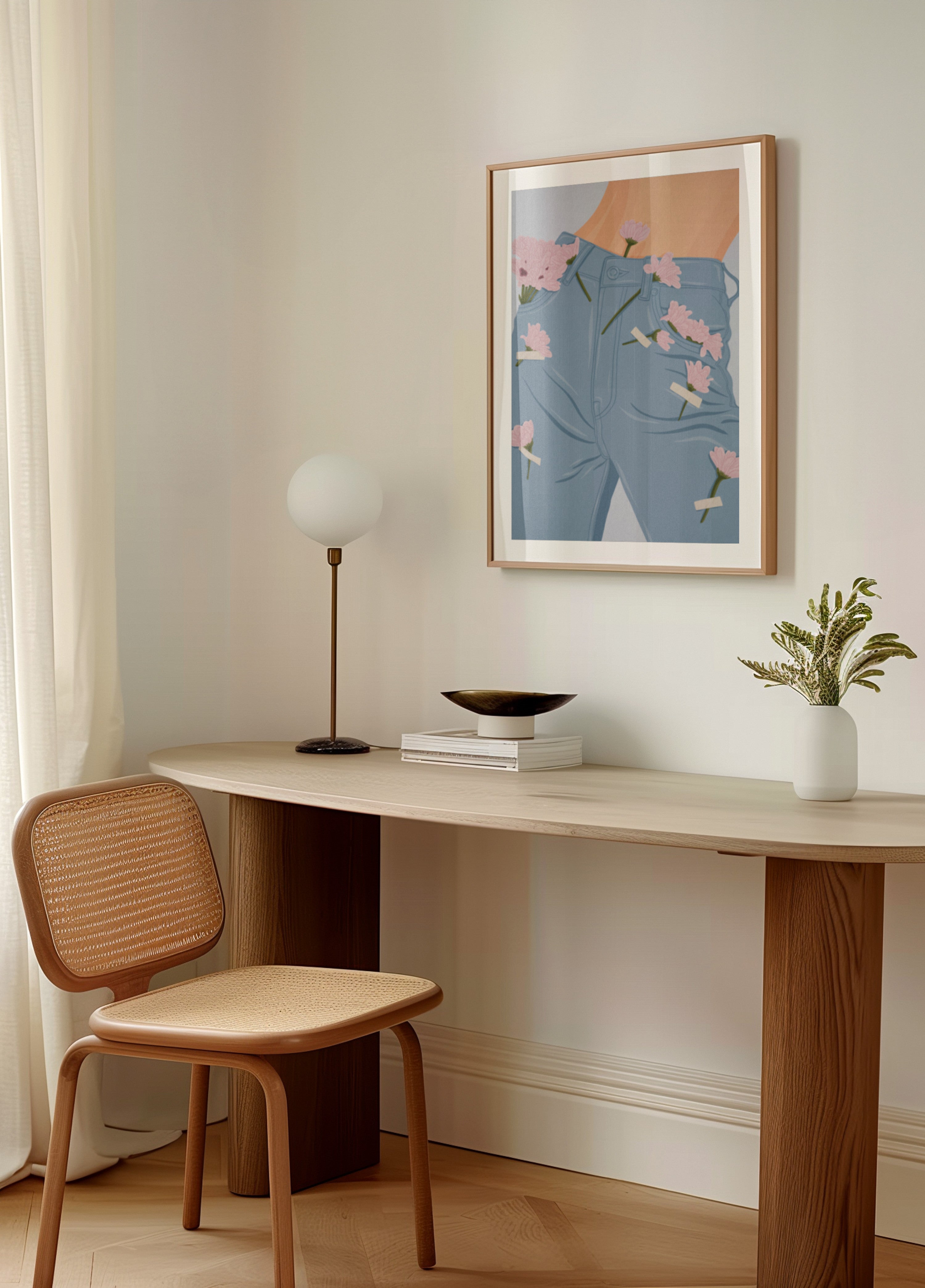 Fleurs roses sur un jean