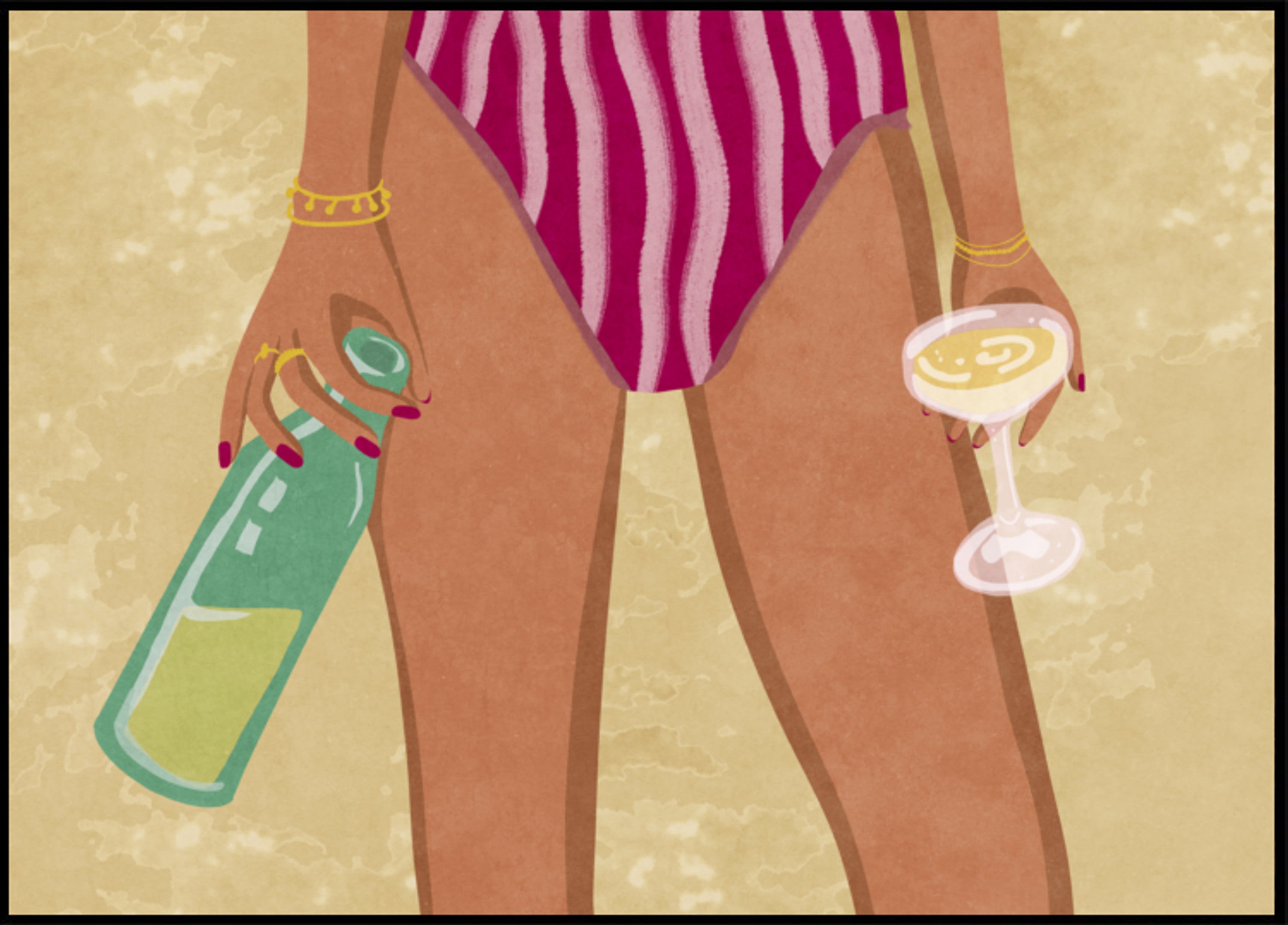 Fille avec du vin à la plage