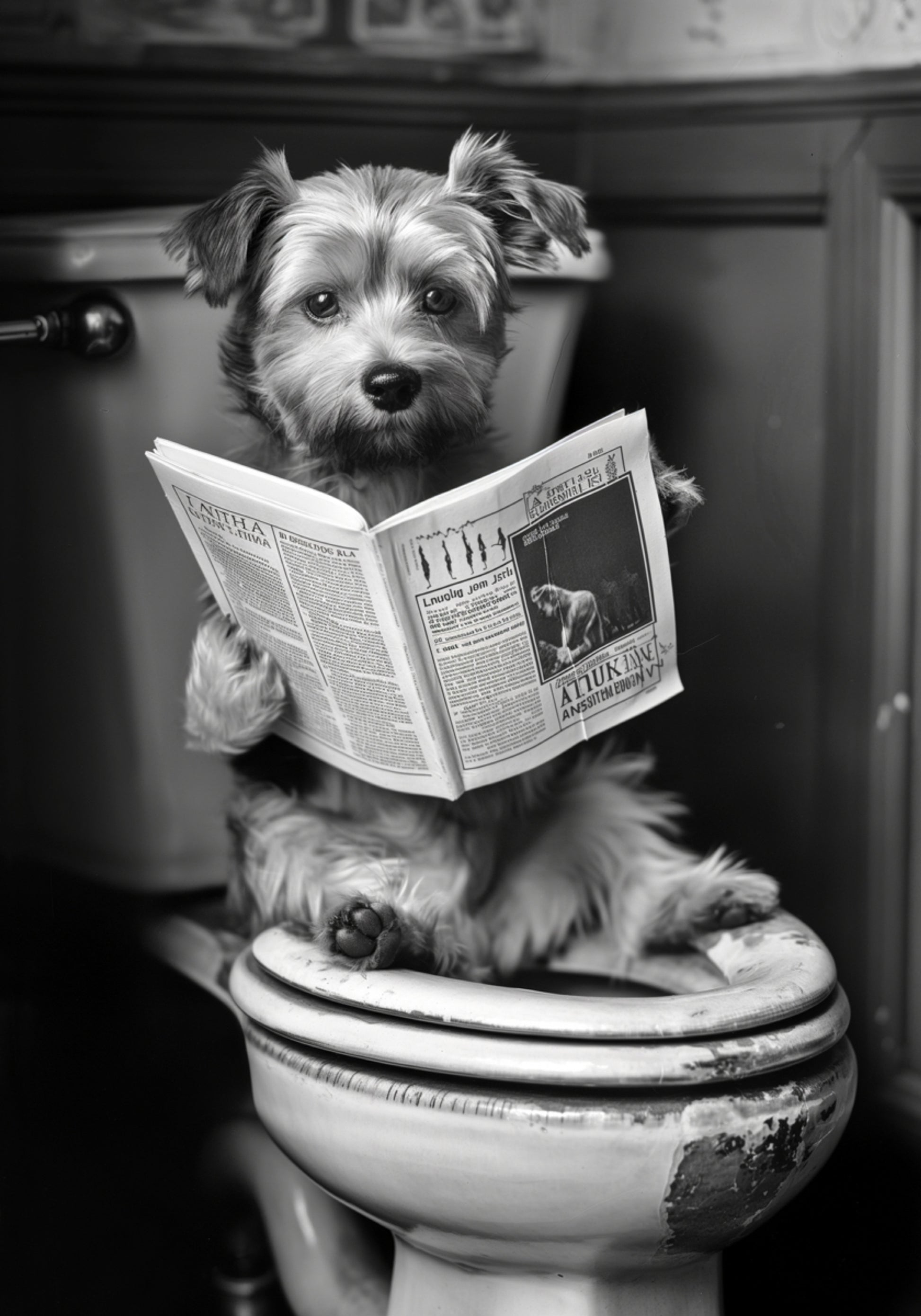 Chien drôle sur les toilettes