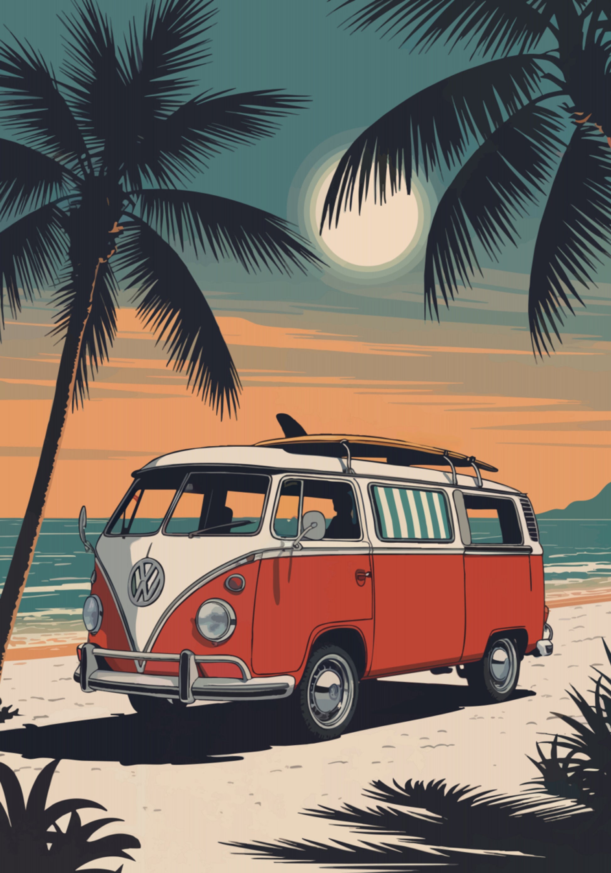 Coucher de soleil sur une camionnette de plage vintage