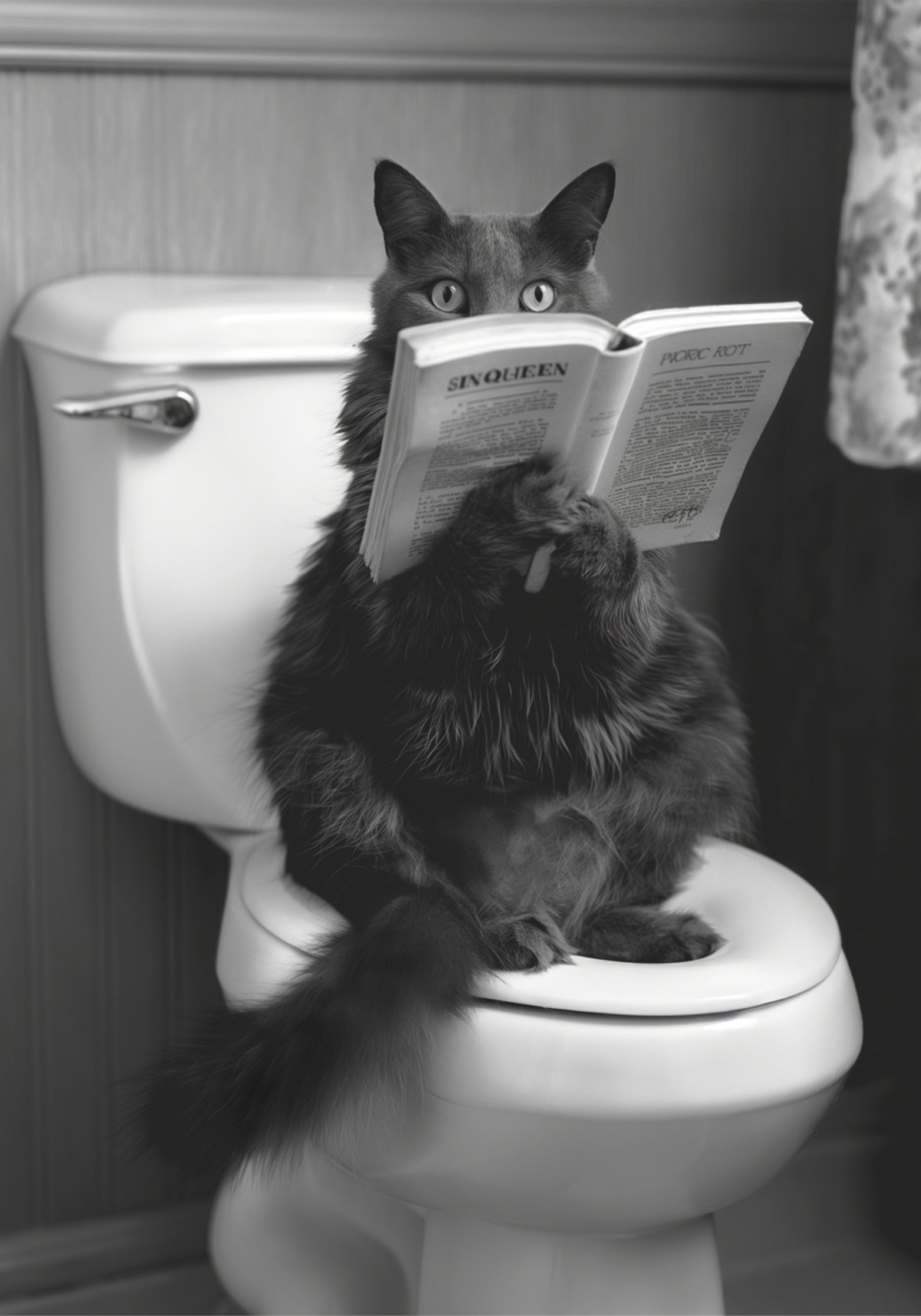 Chat lisant sur les toilettes