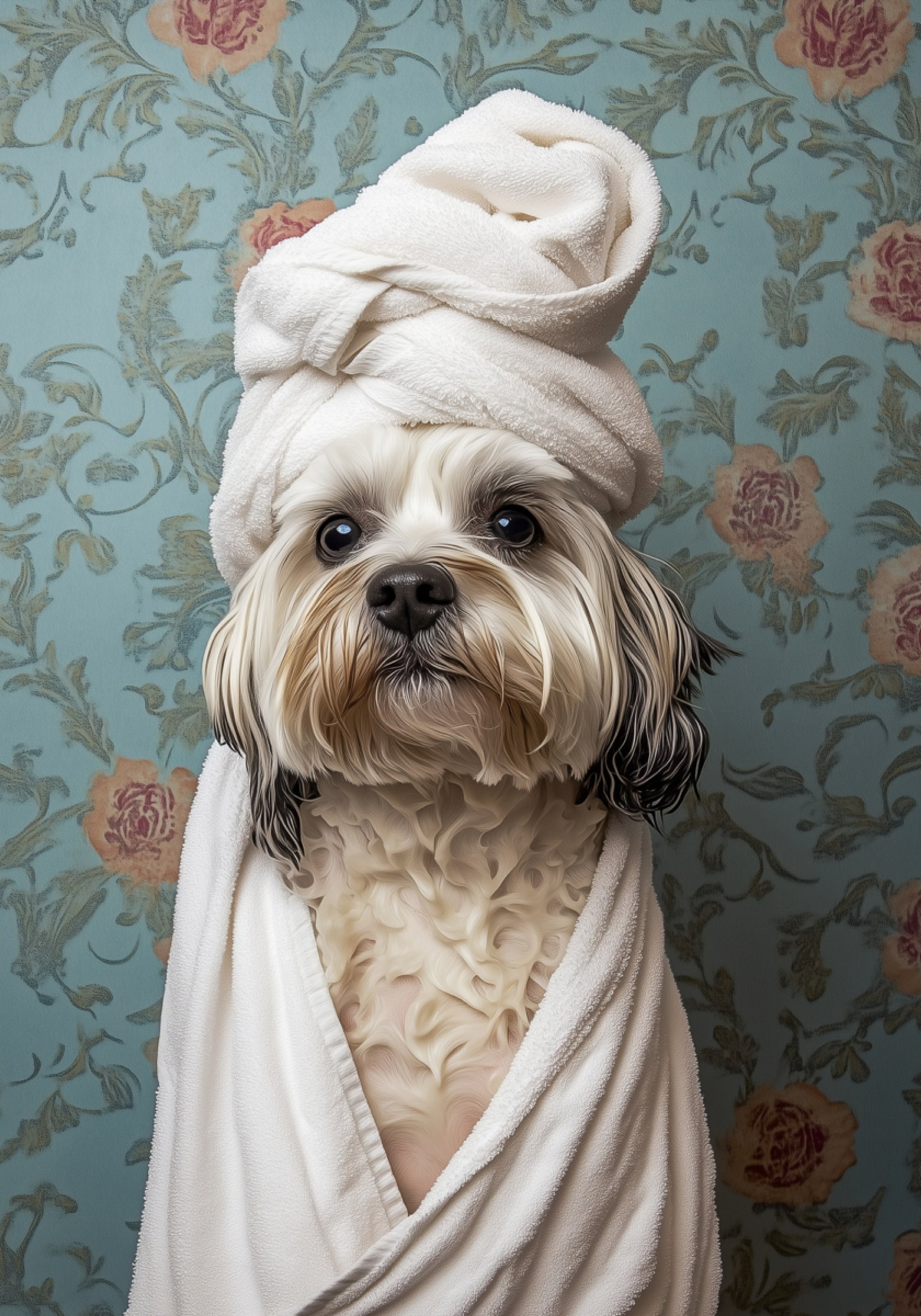 Chien choyé dans une serviette