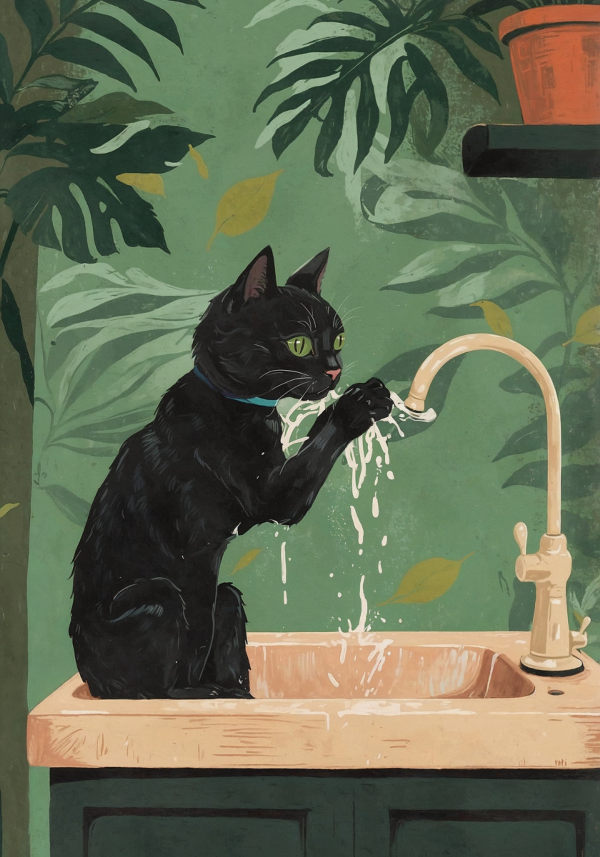Jeu d'eau avec chat noir
