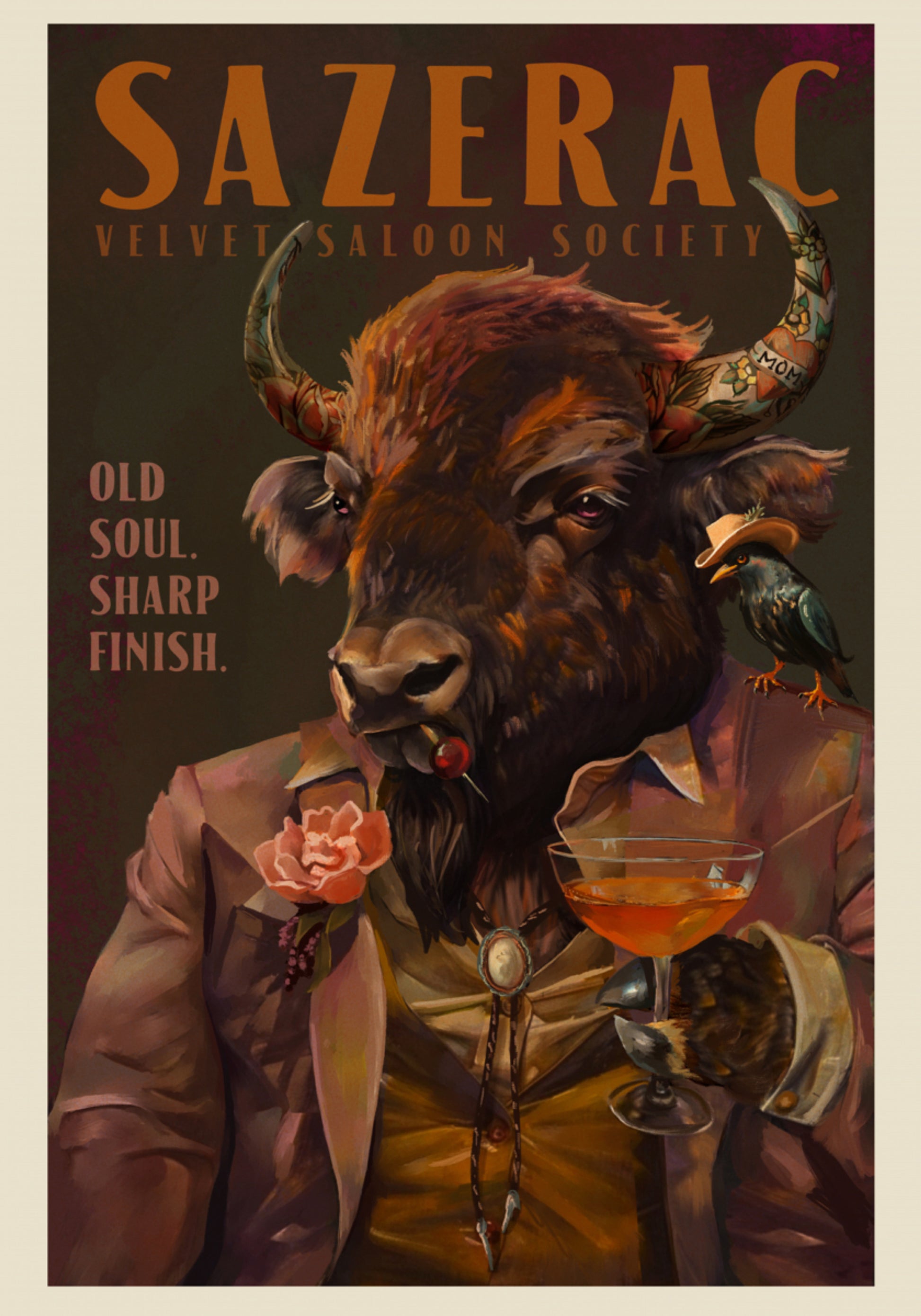 Buffalo buvant un cocktail Sazerac. Art des bars à alcool et à liqueurs