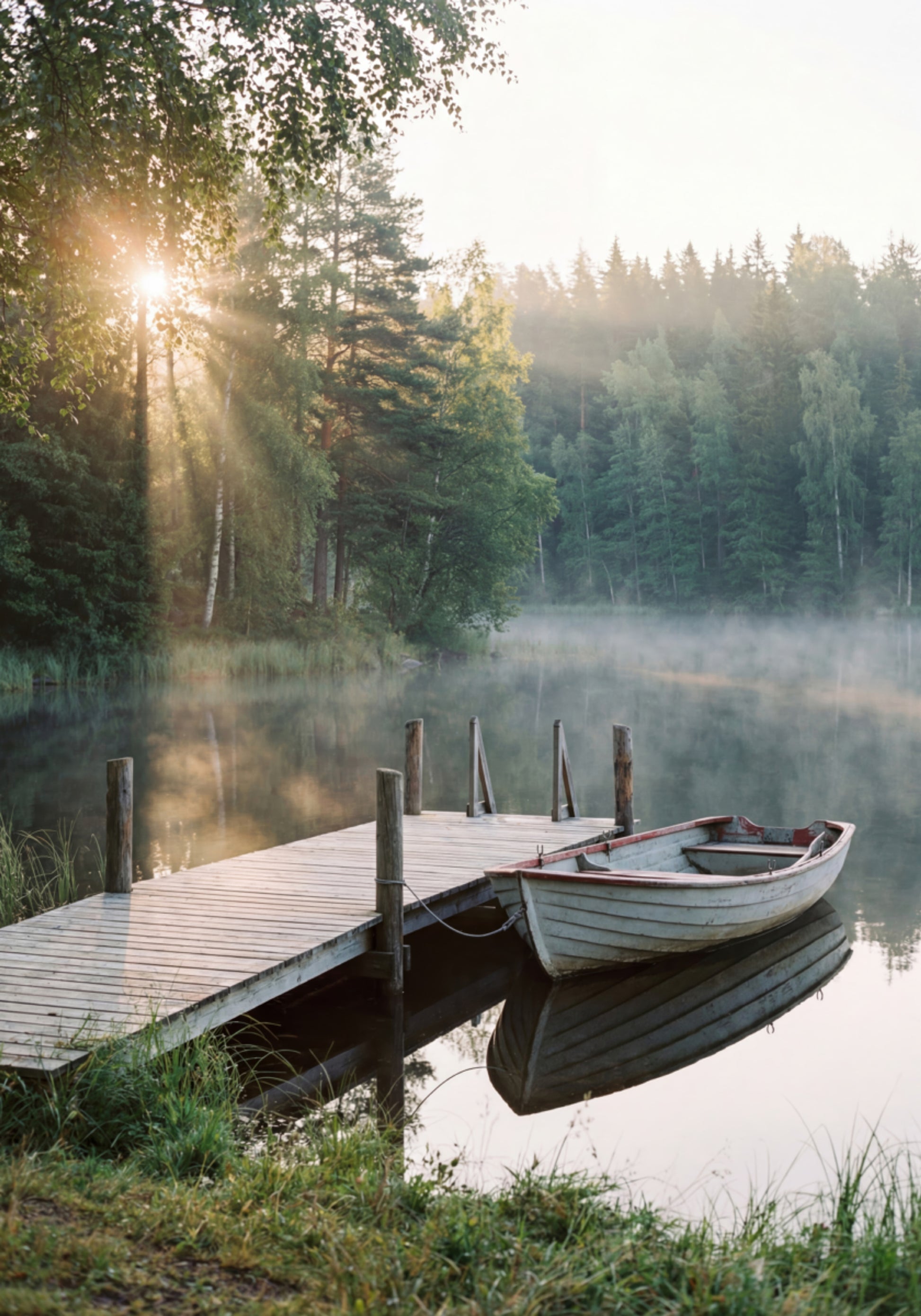 Bateau sur le lac du matin brumeux