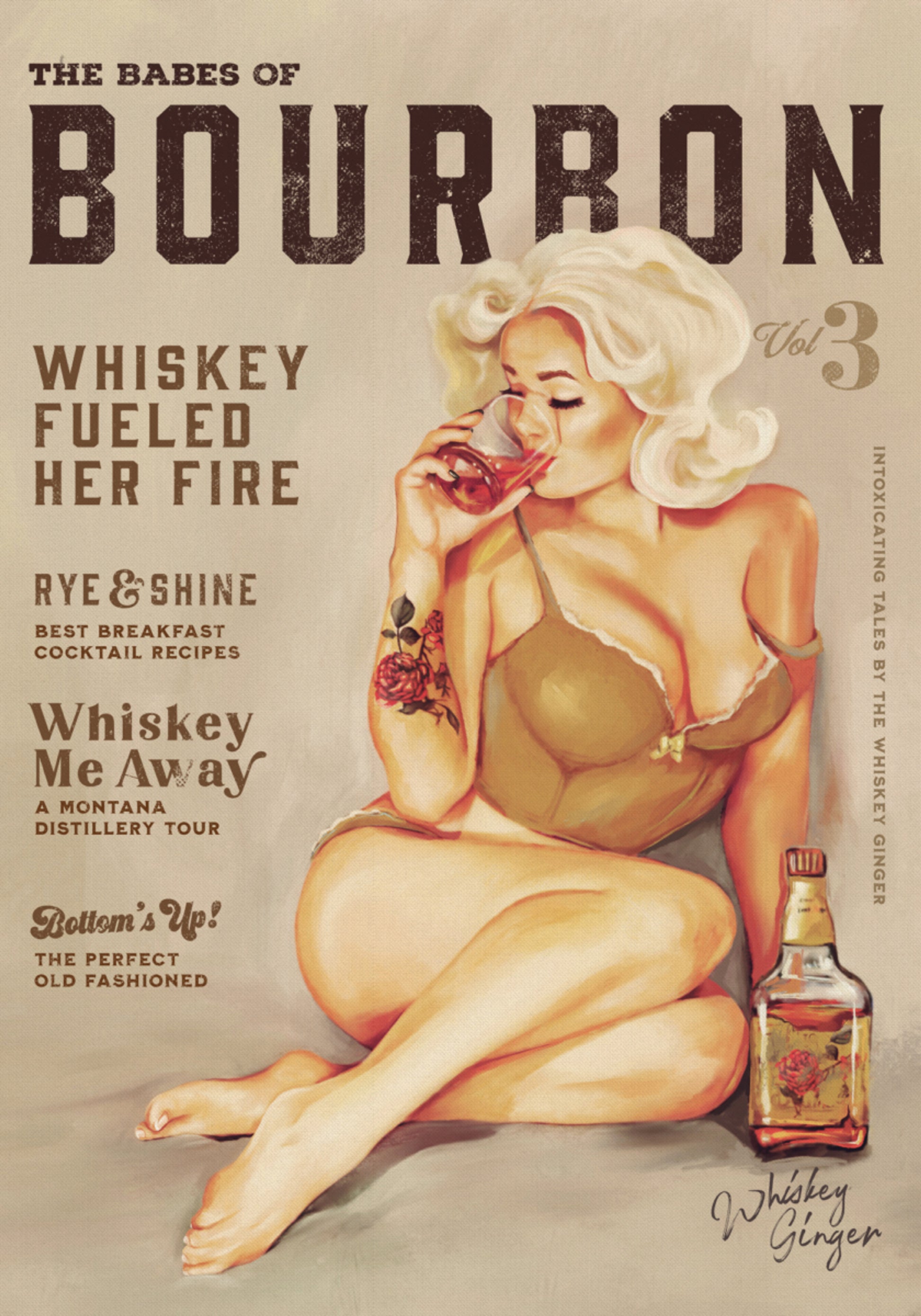 Art mural Bourbon. Sexy Vintage Pin Up Girl buvant du whisky