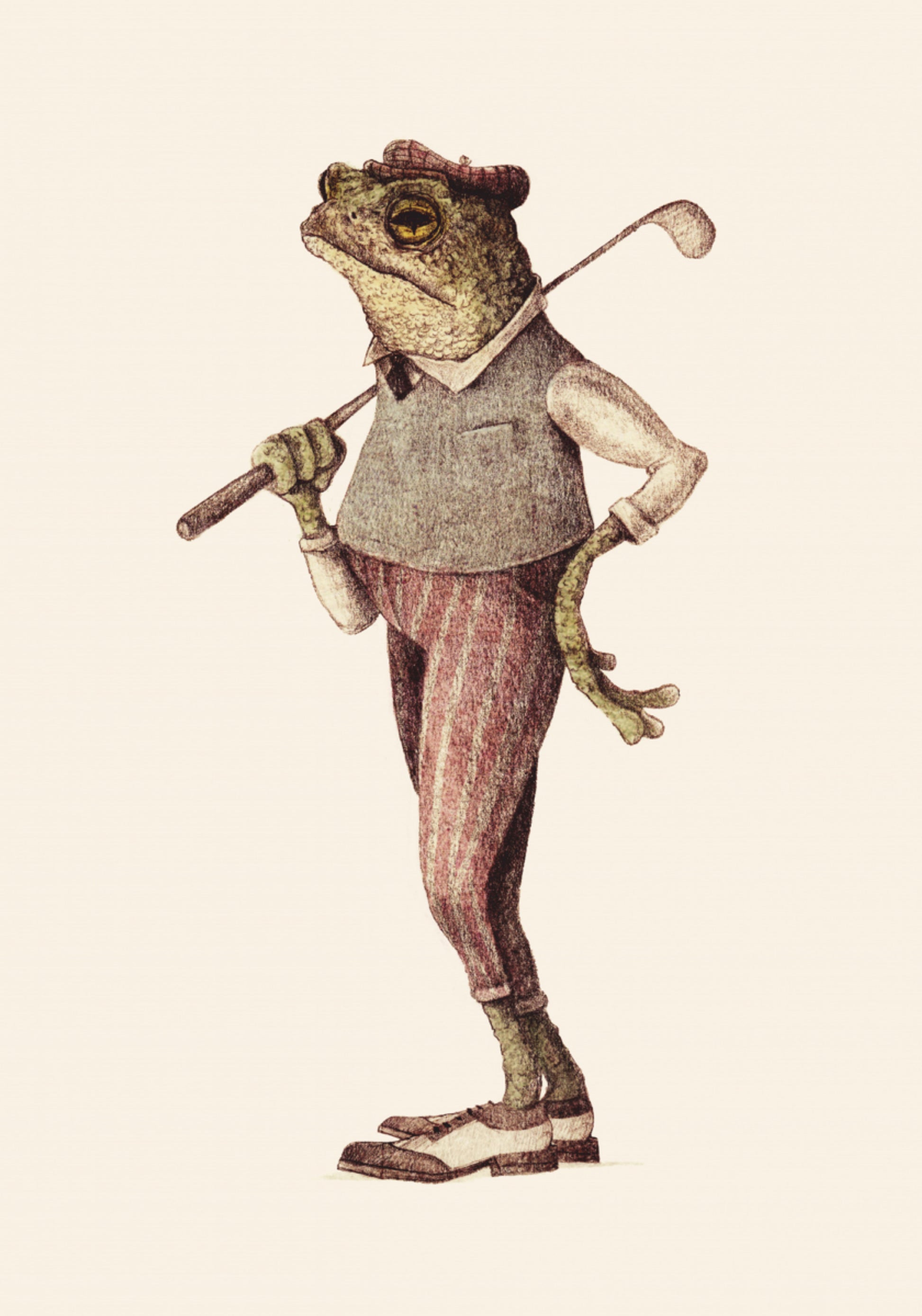 Grenouille en tenue de golf vintage