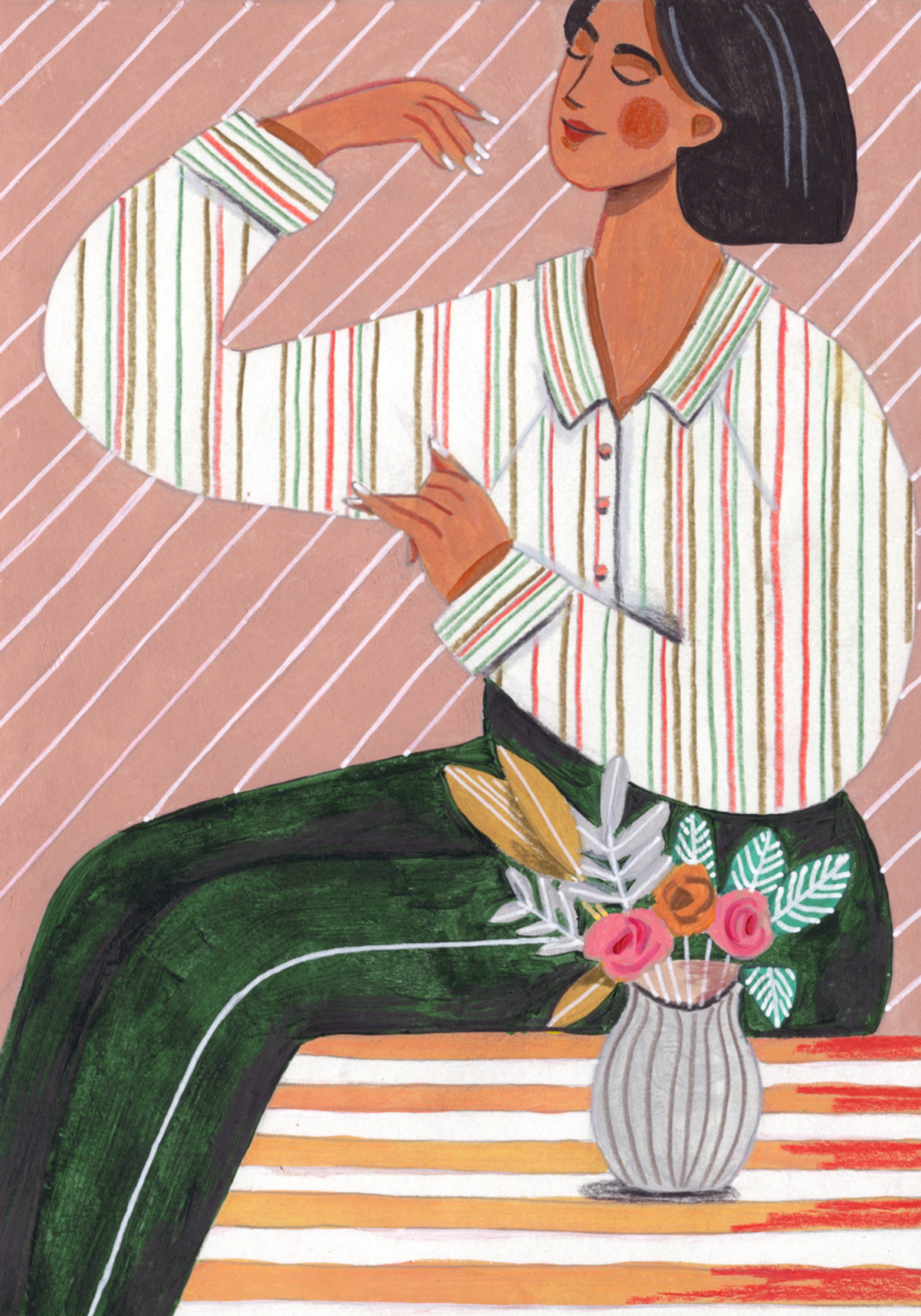 Femme En Chemise à Rayures Et Pantalon Vert