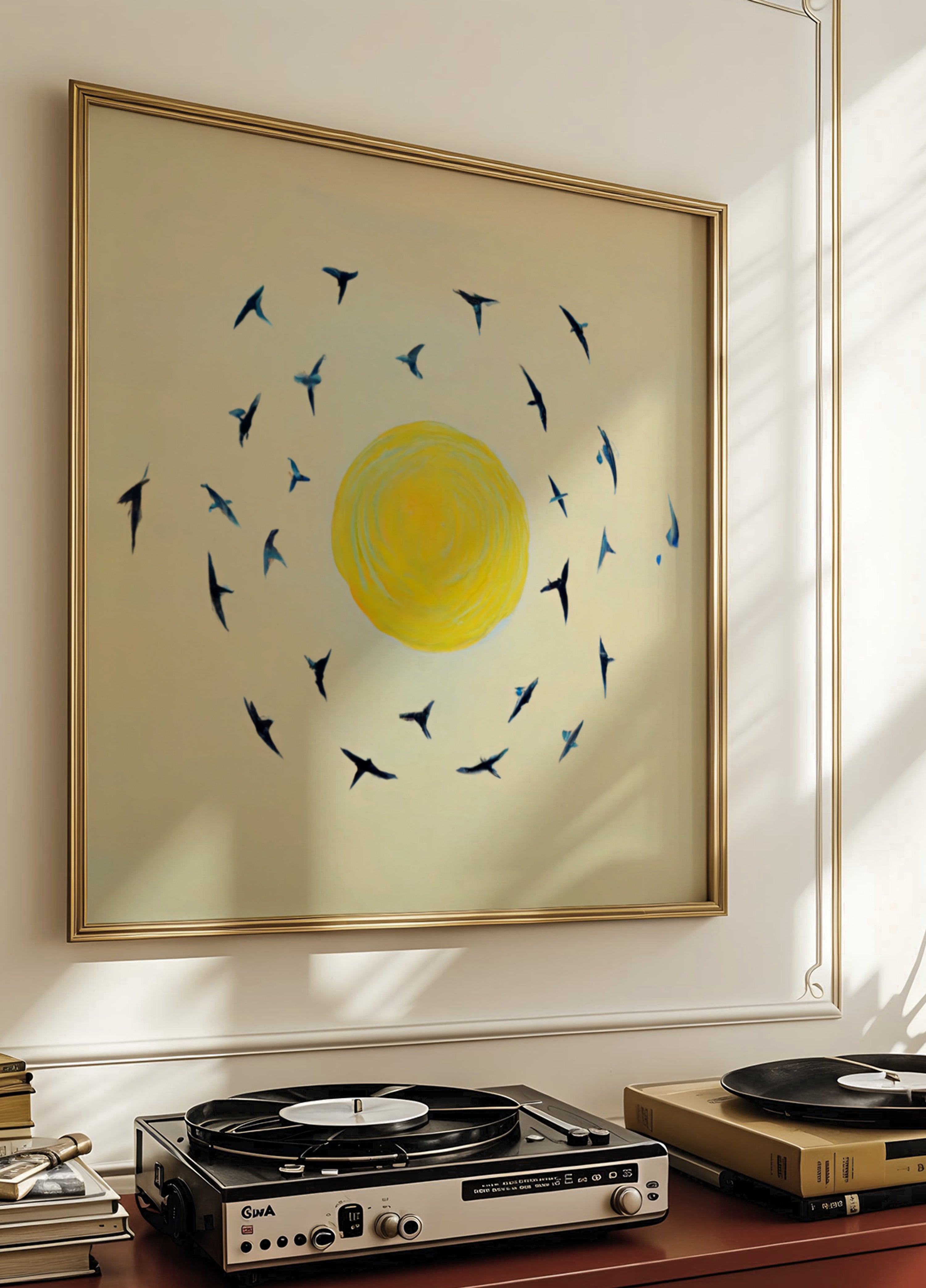 Oiseaux tournant autour du soleil