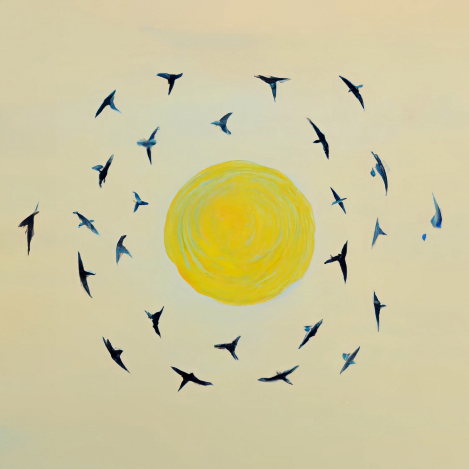 Oiseaux tournant autour du soleil