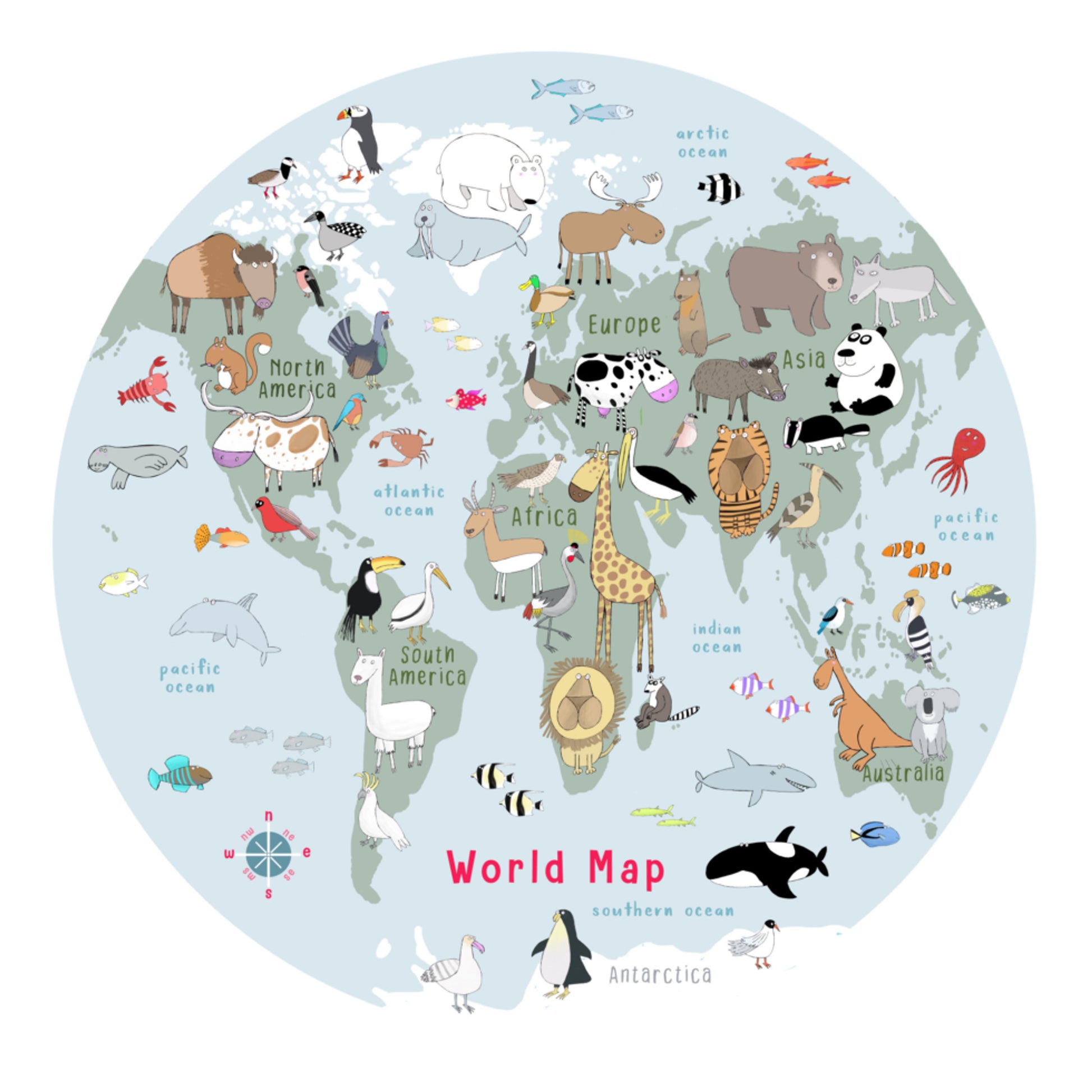 Carte du monde animal mignon