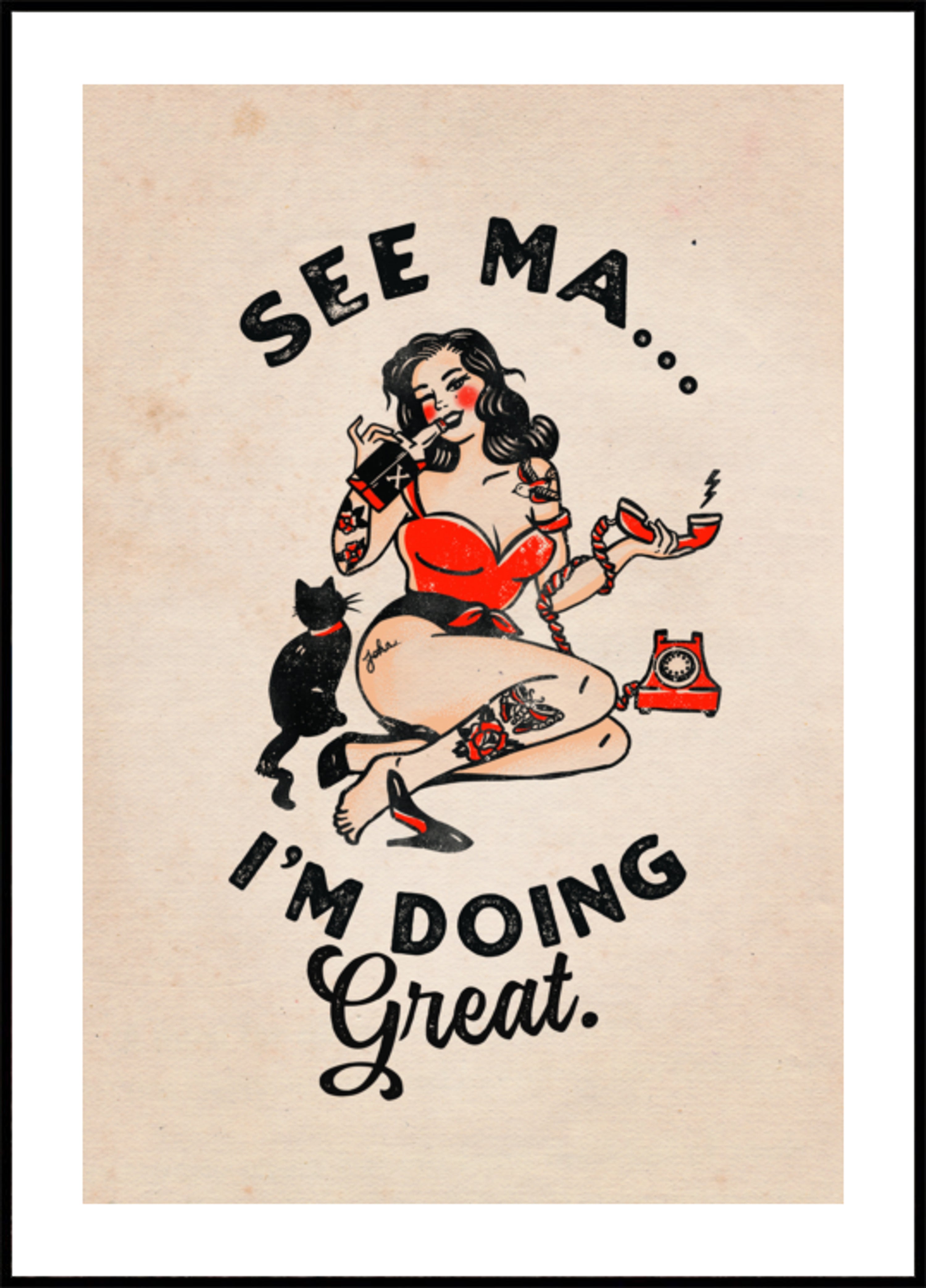 Voir Ma affiche drôle vintage pin-up fille et chat