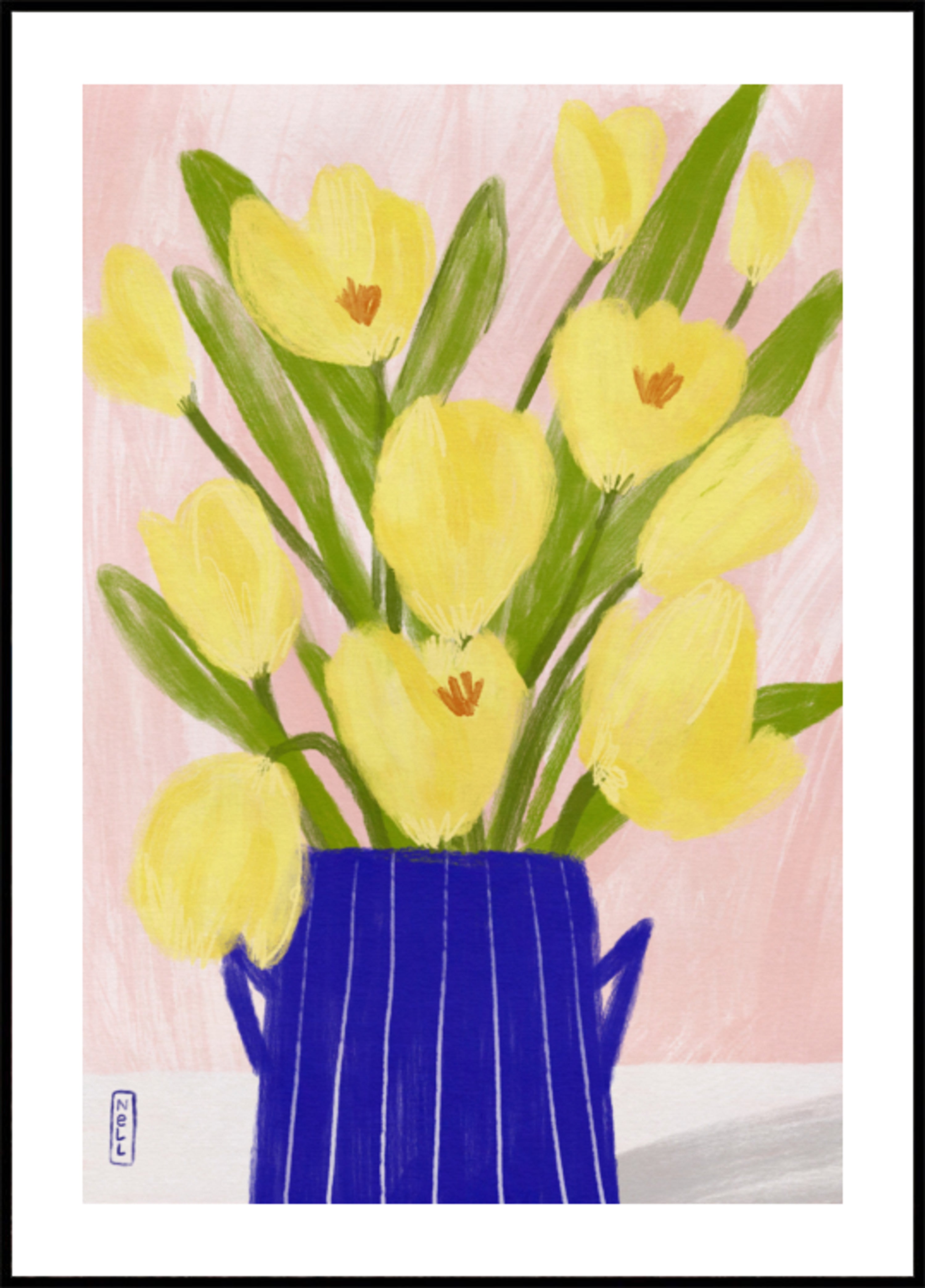 Vase bleu tulipes printanières