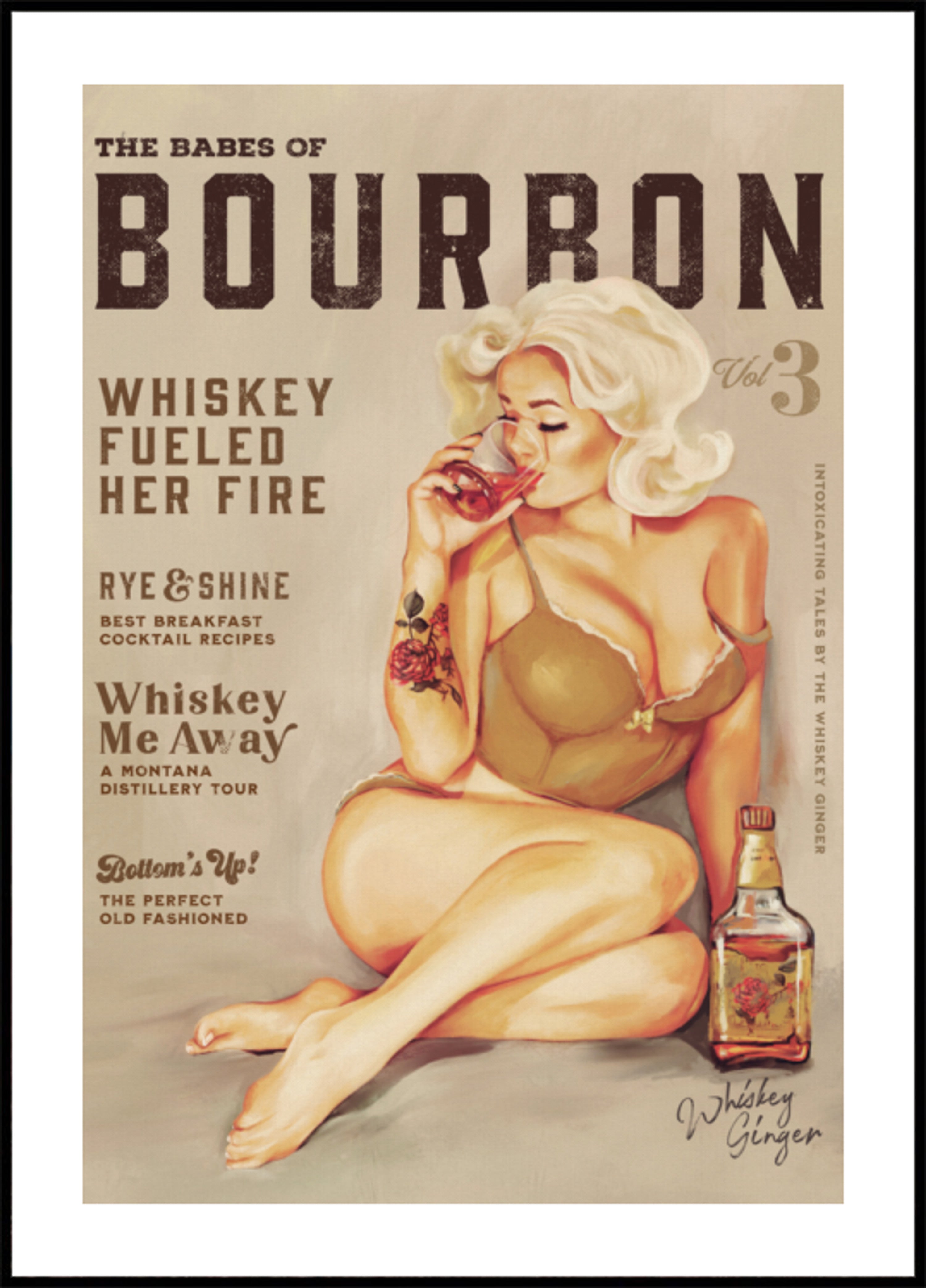 Art mural Bourbon. Sexy Vintage Pin Up Girl buvant du whisky