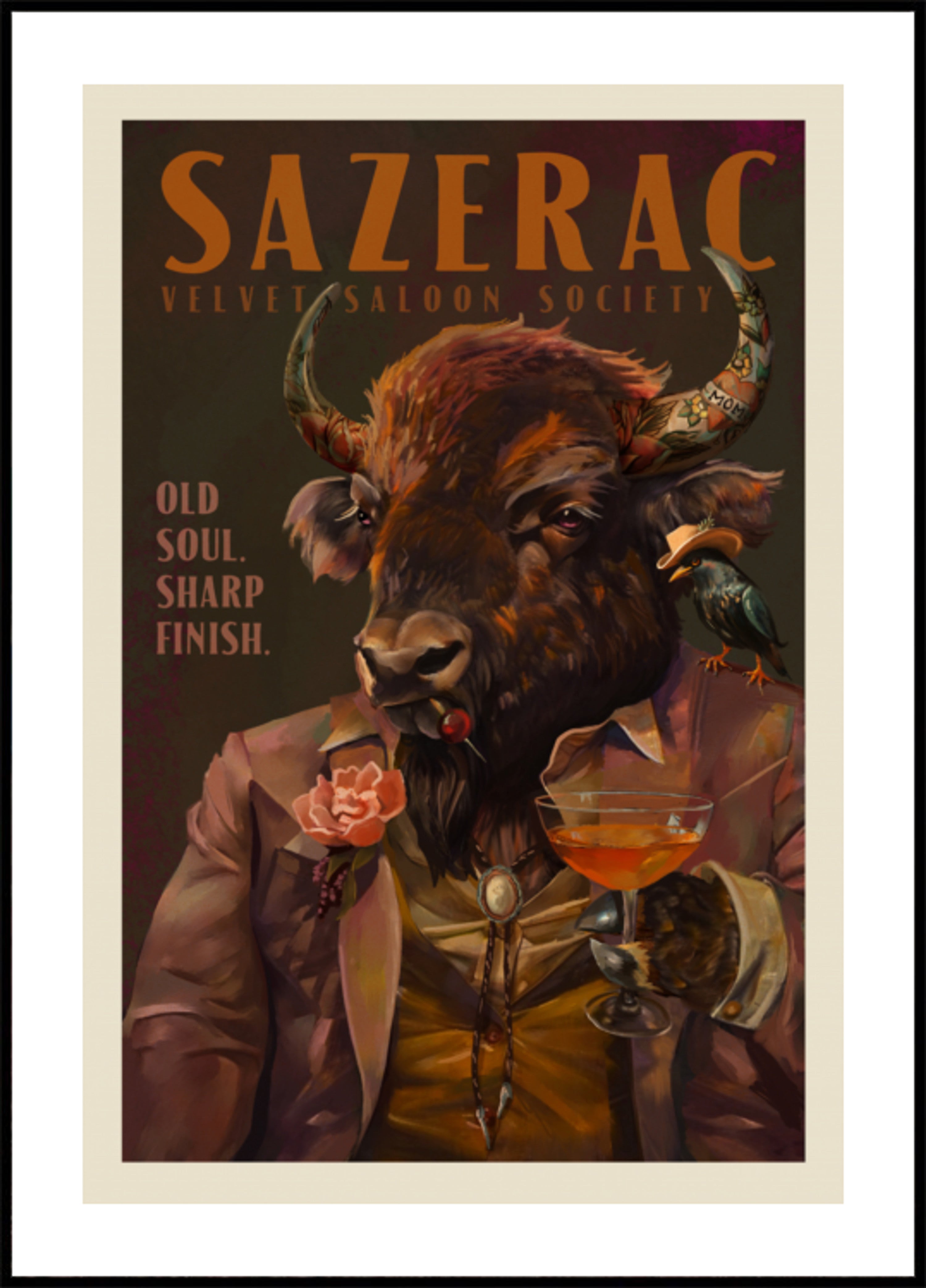 Buffalo buvant un cocktail Sazerac. Art des bars à alcool et à liqueurs