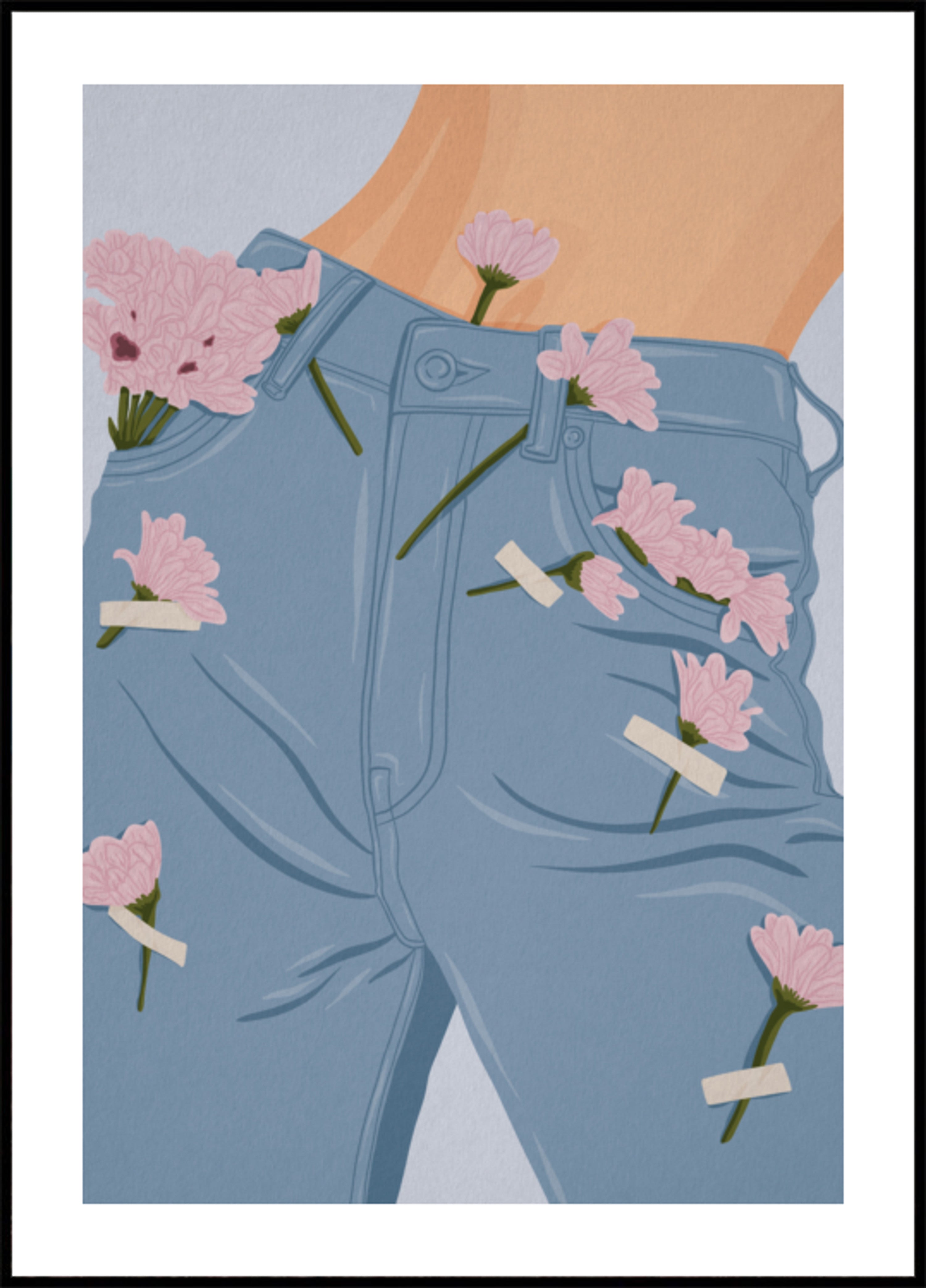 Fleurs roses sur un jean