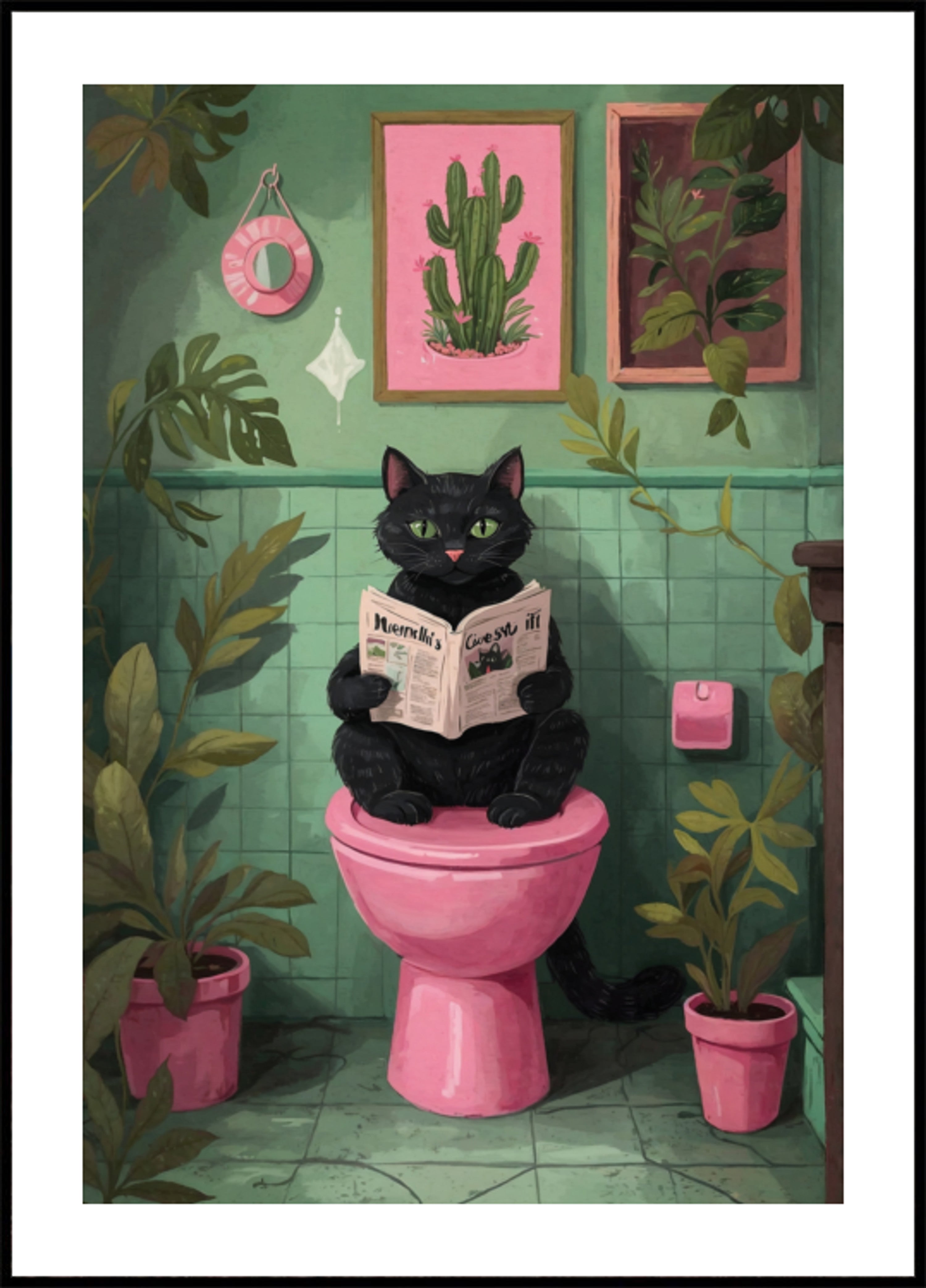 Chat lisant dans la salle de bains