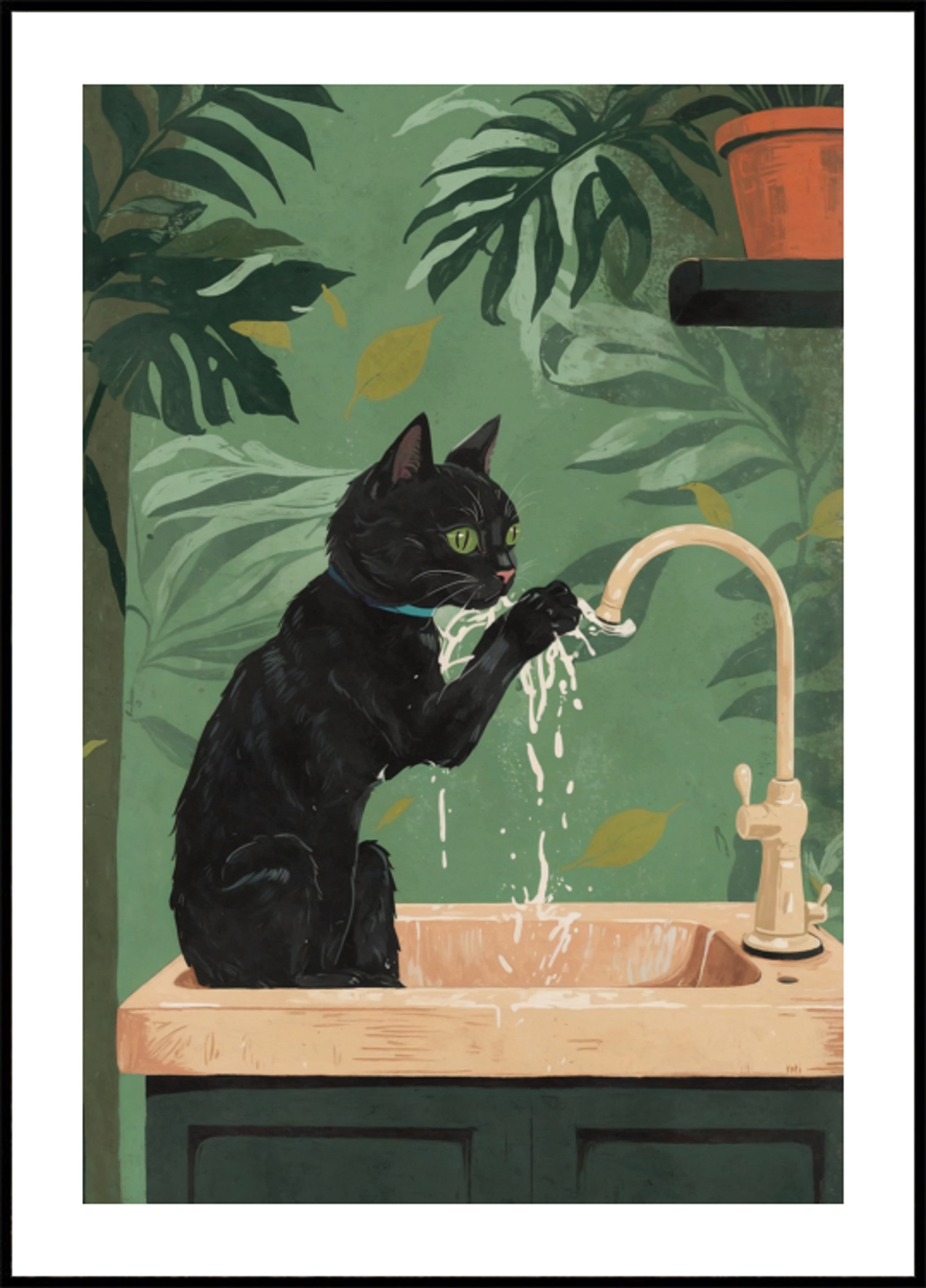 Jeu d'eau avec chat noir